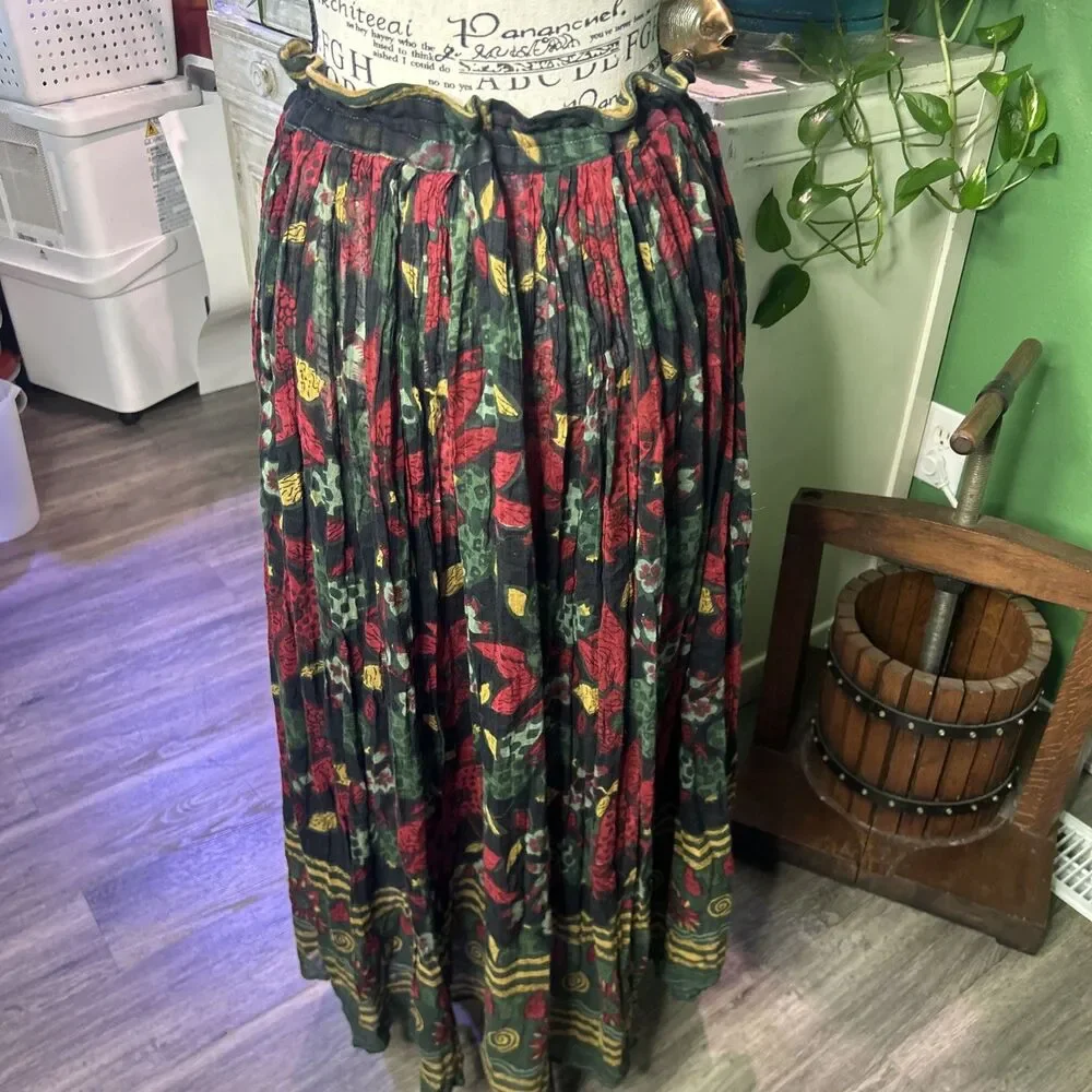 Vintage Just Classics Boho Broomstick Maxi Skirt M India Festival Crinkle Cotton